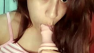 Petite sexy latina gives hot blowjob while massaging her small tits and ass!