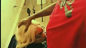 Blonde barbie takes monster black cock deep in her throat and swallows cumshot