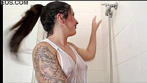 Soaking my white clothes in the shower, naked teen 18+ with big ass and tits getting wet.