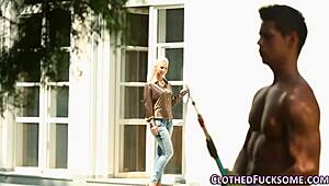 satin clad european slut gets jizzed in group action