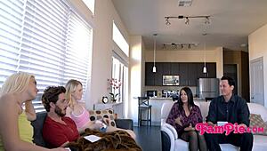 Step family plays dumb charades leading to taboo teen blowjob and fucking threesome