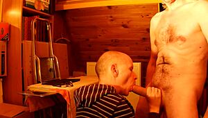 Gay guy gives blowjob and swallows cumshot