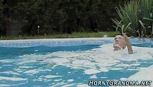 Vag tasted granny gets fingered hard and swallows cum in wild bikini action