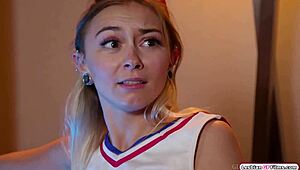 blonde cheerleaders tease shaved pussies with licking and toying, building forbidden lesbian tension