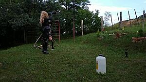 Beth Kinky, Sexy Goth Domina, Trains Shemale Horseman in Public HD Scene!