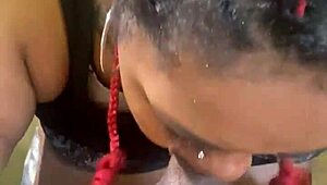 Ebony BBW blowjob on black big cock between huge tits!