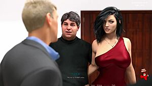 Anna in red dress teases with black stockings in game