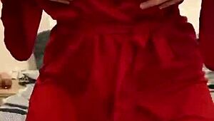 Brunette in red lingerie intensely masturbates her big tits and ass