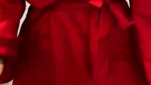 Brunette in red lingerie intensely masturbates her big tits and ass