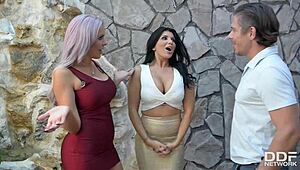 Romi Rain and Nina Elle engage in deep throat and titty fucking.