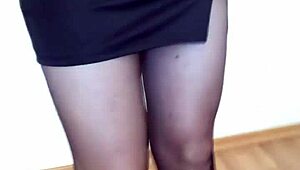 tranny in pantyhose shows amazing legs and hits intense orgasm