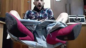 Gay Spanish guy in heels strokes his monster cock solo in part three