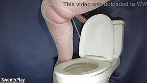 Mature BBW In Pantyhose And Fishnets Peeing Standing On Toilet