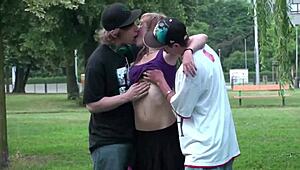 Young hottie Alexis Crystal fucked in public by two guys.