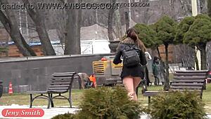 Russian girl in see-through skirt upskirt outdoors