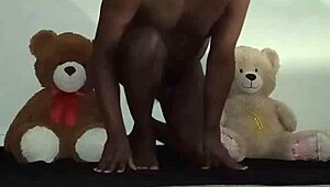 in a furry roleplay, brown and caucasian bears enjoy bisexual threesome with toys and kissing.