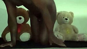 in a furry roleplay, brown and caucasian bears enjoy bisexual threesome with toys and kissing.