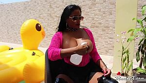 Chesty Maxine rides rubber ducky to masturbate by sexy pool