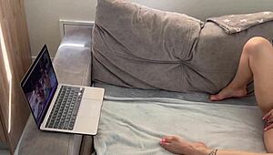 Nude Milf with Natural Tits Masturbates Wildly on Sofa in Lena Paul's Video.