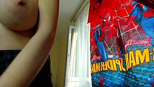 Hey, watch Mylaangel in tight clothes squeezing her big tits and sucking nipples