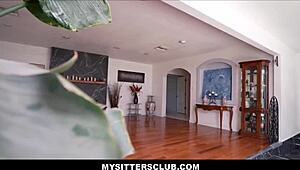 Petite blonde teen babysitter Molly Little seduces client with big cock blowjob