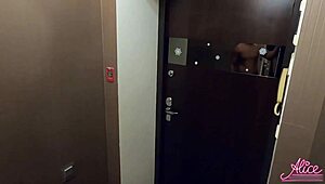 husband bangs neighbor hard on public staircase while wife sleeps