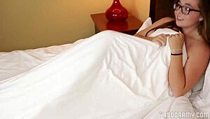 blonde savannah bond gives subtle handjob and blowjob in bed with glasses