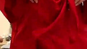 brunette feels pleasure in red lingerie touching her big tits