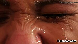 hey, that slutty doll is sucking all the cum on her face