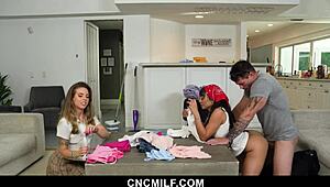 Stepdaddy freely uses stepdaughter and hot wife for hardcore doggystyle fun.