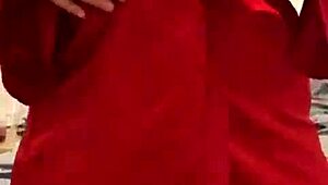 brunette feels pleasure in red lingerie touching her big tits