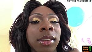 Bigass black shemale drills her lover's ass in close-up missionary.