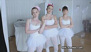 three teen ballerinas taking turns on one big cock, sucking and fucking