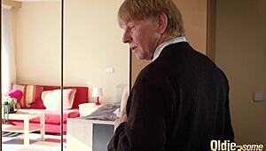 two young step sisters fuck grand dad in bed, sharing his old cock