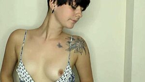 big tits brunette babe shows off while cleaning house downblouse