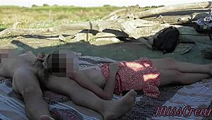 French Teacher Amateur Blowjob on Public Nude Beach with Cumshot
