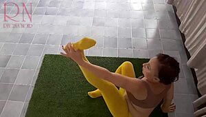 hey regina noir, doing yoga in yellow tights, wanna rip them off?