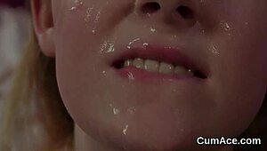 Hot looker receives bukkake cumshot on face