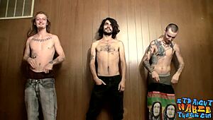 Passionate Twinks with Huge Cocks Masturbating Together in Threesome