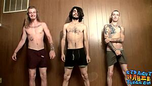 Passionate Twinks with Huge Cocks Masturbating Together in Threesome