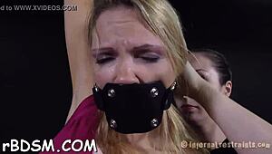 Tied up blonde with toys gratifying her tits in bdsm masturbation