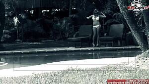 Busty Blonde Slut Seduced by the Pool for Outdoor Sex