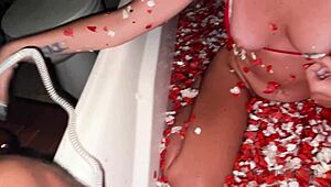 Sex in the bathroom with hookah and pissing, featuring big tits and monster cock