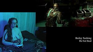 Naked brunette plays dead space part 5 with big natural tits on display.