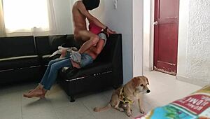 My stepsister milks me in the living room with a mask on