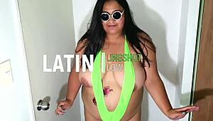 She Wears A Green Slingshot Outfit And Swallows Cum From Big Tits