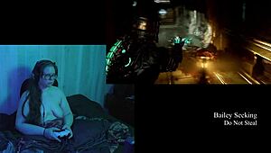 Naked brunette plays dead space part 5 with big natural tits on display.