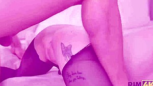 European Brunette Rimjob with Tattooed Neighbor's Big Cock