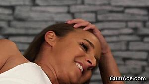 Frisky idol receives facial cumshot while swallowing jizz in pov blowbang