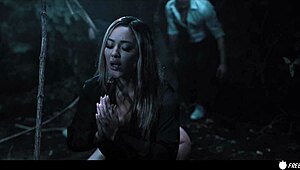 Busty chick frozen in time gets drilled by three guys in forest